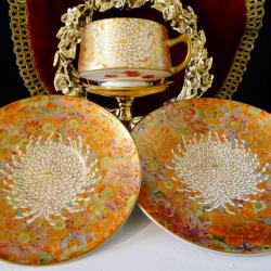 Чаша с чинии японски порцелан Satsuma Shosan Meiji, злато.