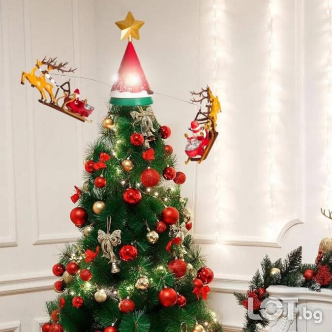 Магическа въртяща се коледна украса с Дядо Коледа, 2 шейни и елени  L