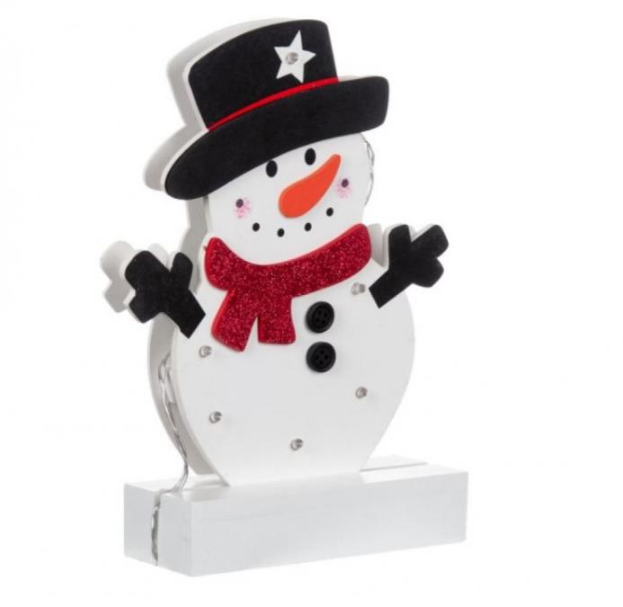 Светеща коледна украса във формата на снежен човек 25 см. Дървена LED