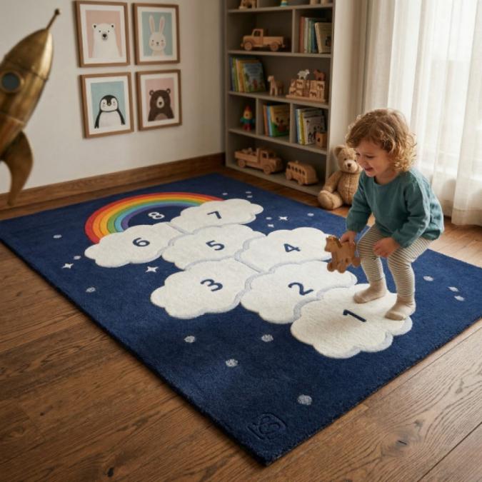 Детски килим за игра 120х160см - Тъмносин килим с облачета и дъга, про