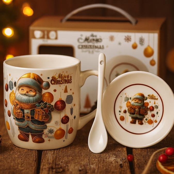 Коледна керамична чаша с капак и лъжица  уют за всяка сутри