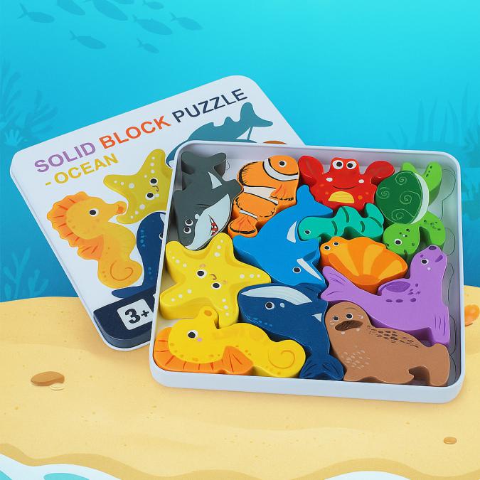 Дървен 3D пъзел с животни в метална кутия  12 части