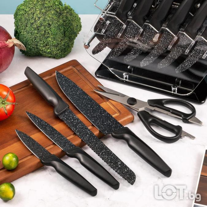 Комплект кухненски ножове 17 части със стойка и ножица от неръждаема с