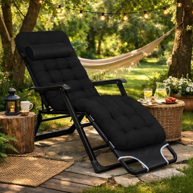 Сгъваем градински шезлонг с мека ватирана възглавница, дишаща материя,