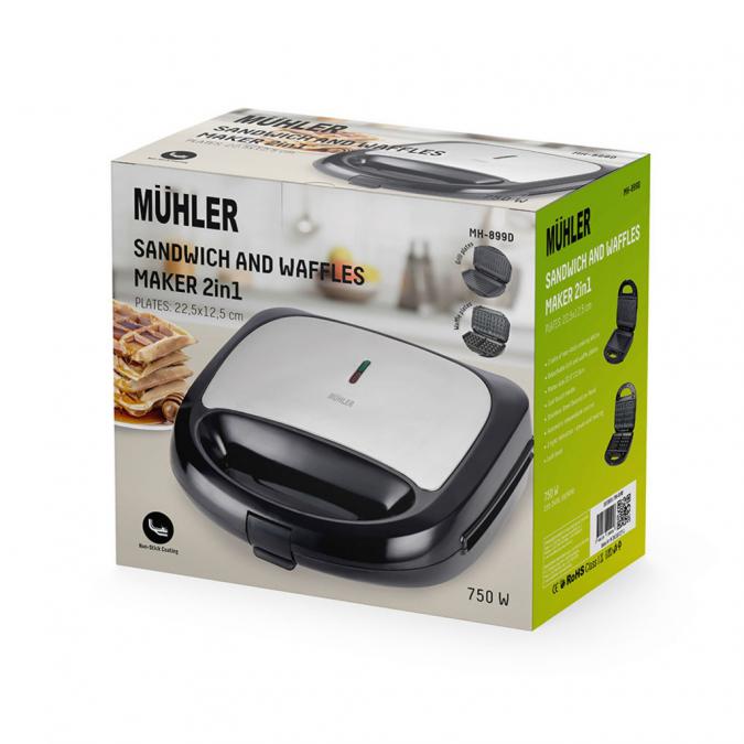 Уред за сандвичи и гофрети 2в1 Muhler Mh-899d, грил плочa белгийска г