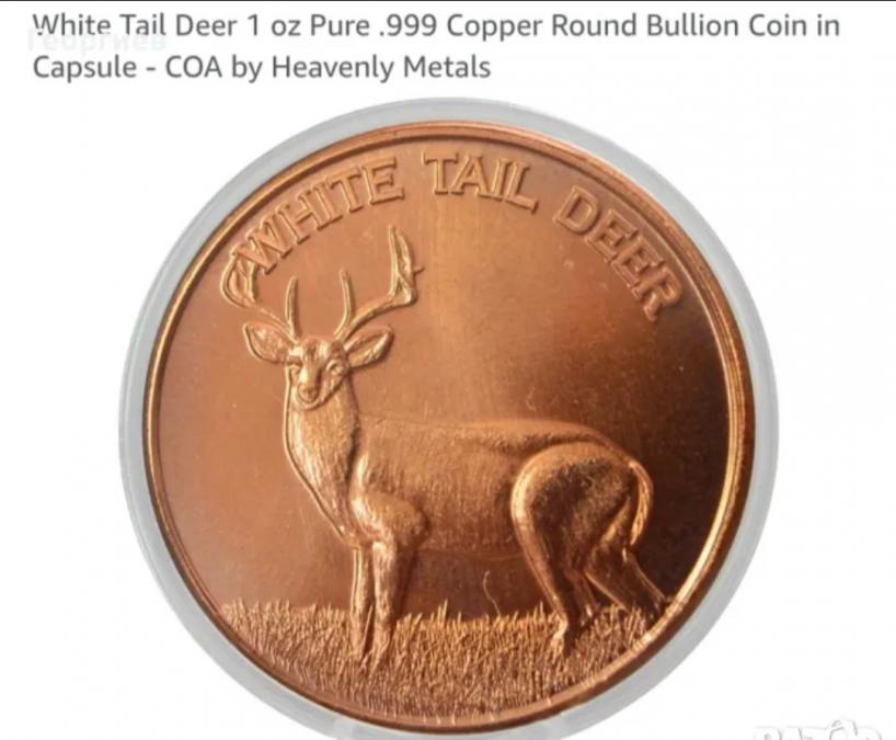 1 oz copper bar 99.9 % чисто медно кръгло кюлче White Tail Deer