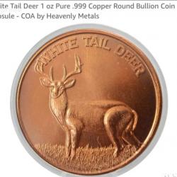 1 oz copper bar 99.9 % чисто медно кръгло кюлче White Tail Deer