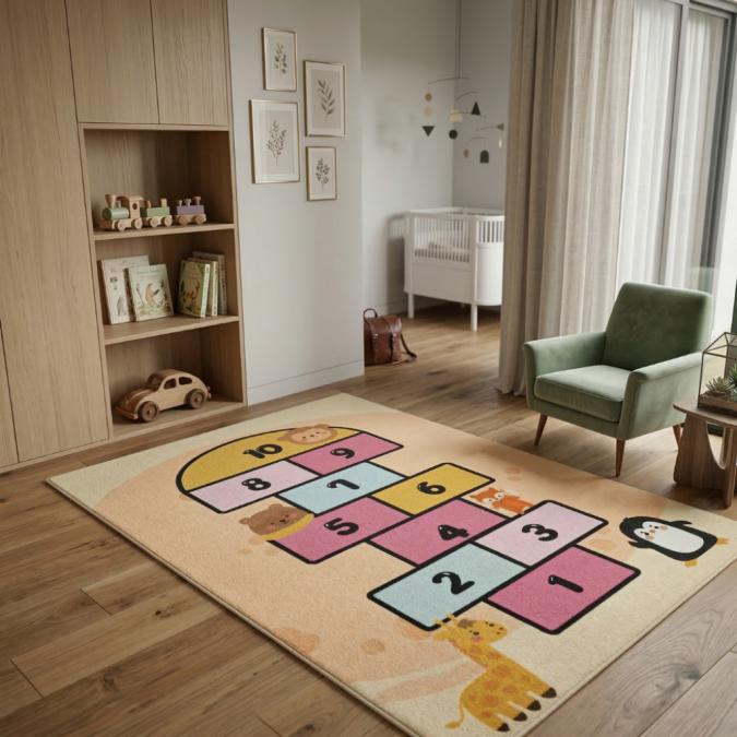 Детски килим за игра 120х160см - Пясъчен килим с жирав и розова дама,