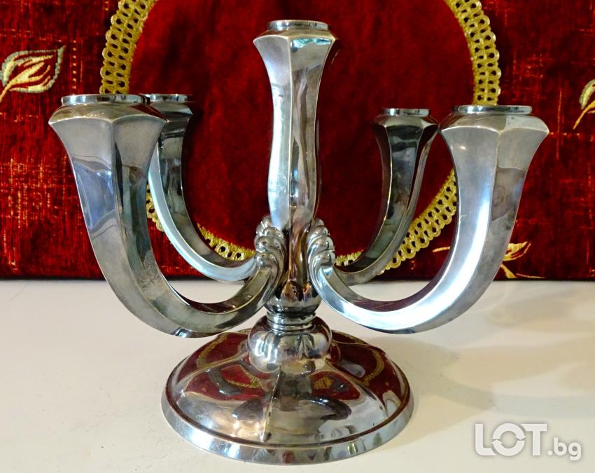 Посребрен свещник петица Art Deco, печат.