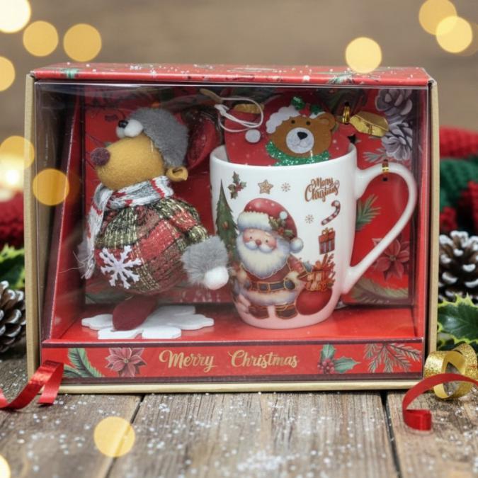 Коледен подаръчен комплект с чаша, лъжичка и мека играчка  моментална