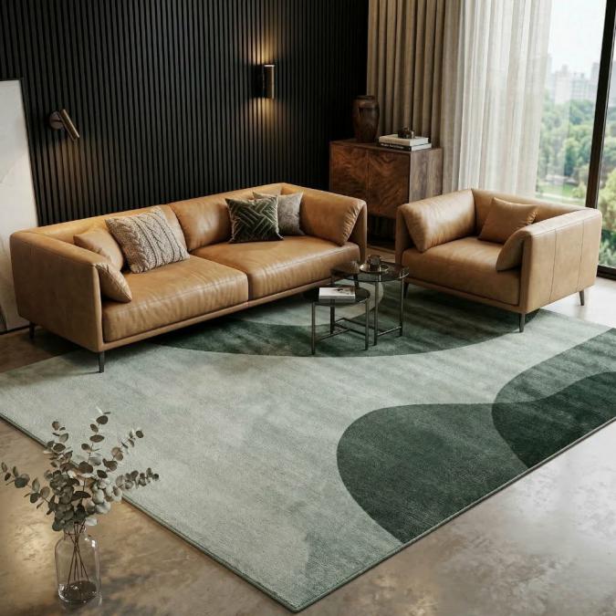 Модерен килим за хол 120х160см - Зелени вълни на светъл фон и 3D ефект