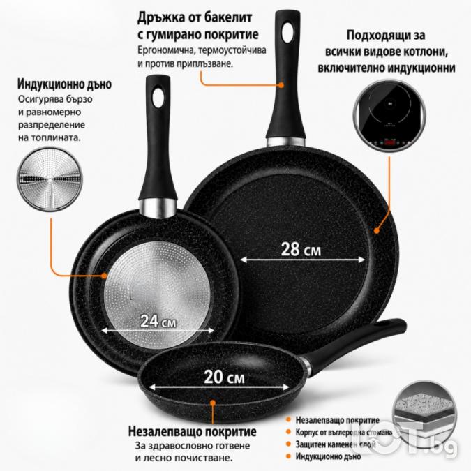 Комплект 3 тигана 20 24 28 см с незалепващо каменно покритие и индукци