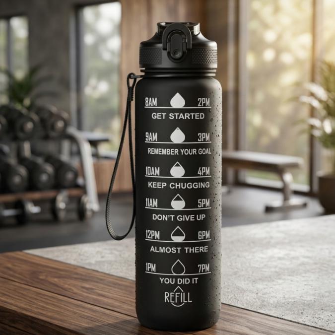 Черна мотивираща бутилка за вода 1L с почасова скала  пий вода наврем