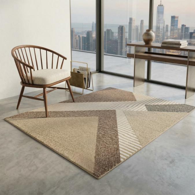 Модерен килим за хол 120х160см - Златисти триъгълници и райета и 3D еф