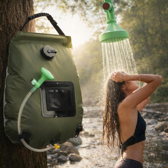 Преносим соларен къмпинг душ 20L с вграден термометър, сгъваем дизайн
