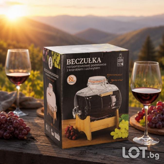 Стъклен диспенсър за напитки 8L, с кран и бамбукова поставка