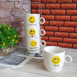 3169 Комплект керамични чаши за кафе на метална стойка Усмивки