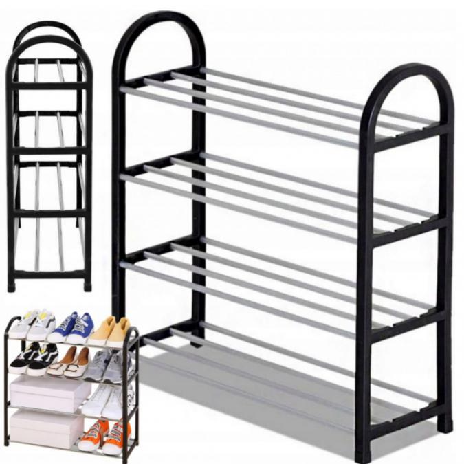 Поставка за обувки, Vilde, 4 отделения, 8-12 чифта, Сребристо Черно