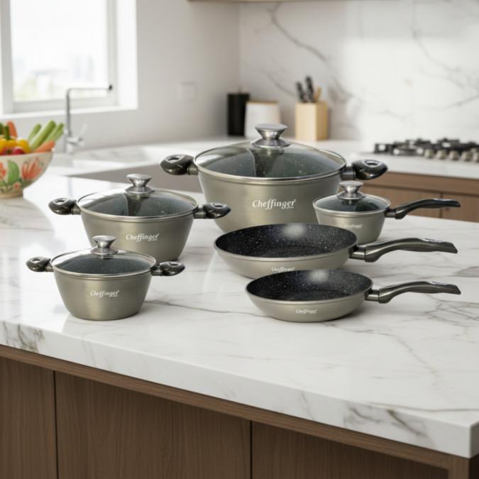 Комплект съдове за готвене Cheffinger от лят алуминий с мраморно покри