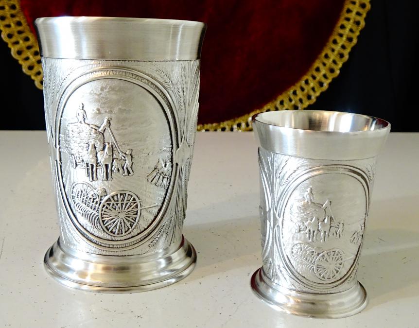 Калаена чаша за вино, ракия, релефни селски картини.