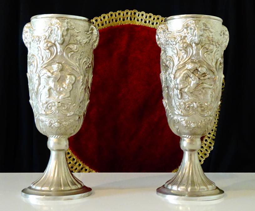 Бокал от калай, чаша за вино, глава на Овен, Ангели, барок.