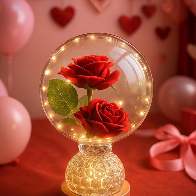 Лампа с вечни рози и топла LED светлина  подарък, който не увяхва