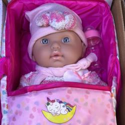 Кукла бебе с пълен комплект  Шише, пижама, легълце и аксесоари - 42 с