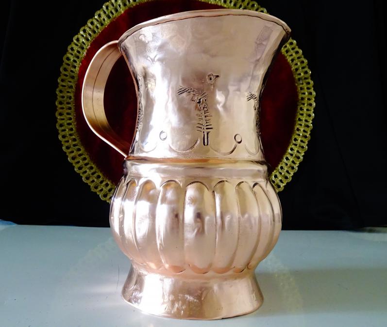 Медна кана, кована чиста червена мед, птици, печат.