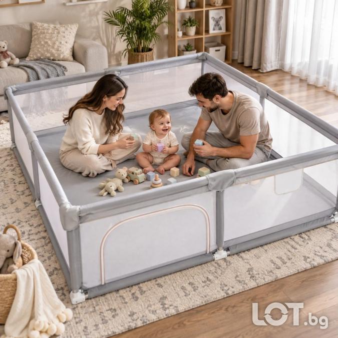 Детска кошара за игра 150x200 см  сгъваема, с мрежести страни, вход с