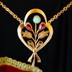 Колие с огнен опал, рубини, 14 K позлата, дубле.