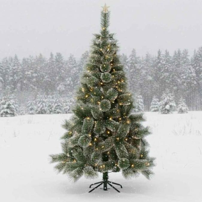 Заснежена коледна елха с бели връхчета и здрава стойка
