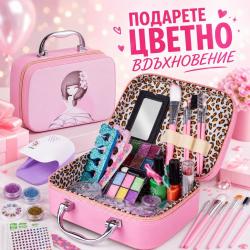 Детски козметичен комплект в розов куфар с огледало