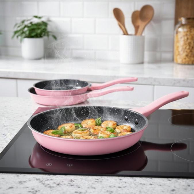 Комплект тигани Cheffinger розово с мраморно покритие  3 части за вся