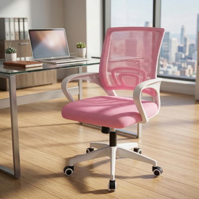 Ергономичен розов офис стол с дишаща мрежа и регулируема височина  ко