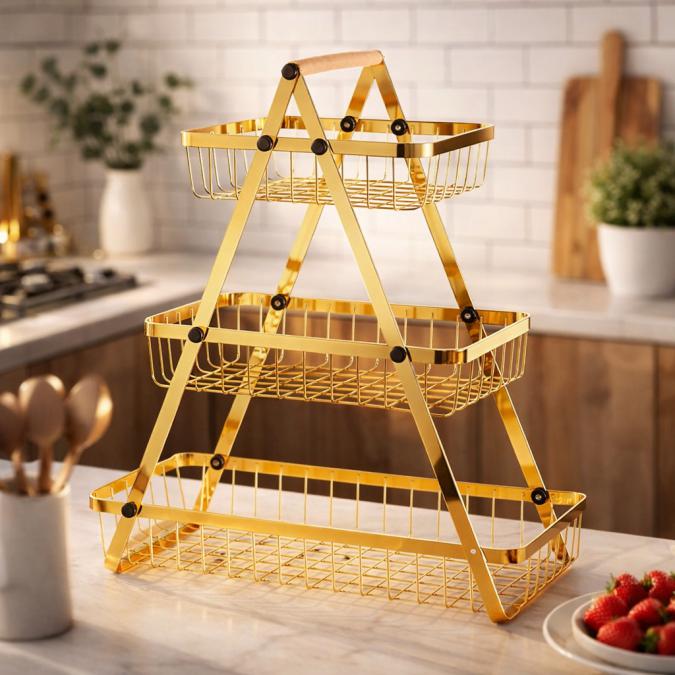 Триетажна метална поставка за плодове Cheffinger  златист дизайн, мак