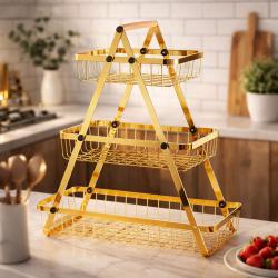 Триетажна метална поставка за плодове Cheffinger  златист дизайн, мак