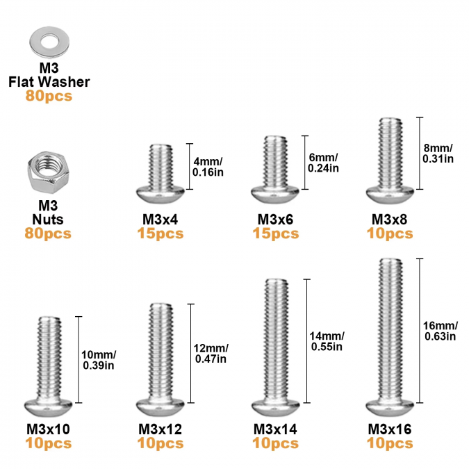 Болт 3мм гайка, шайба, болтчета дължина 4 6 8 10 12 14 16мм