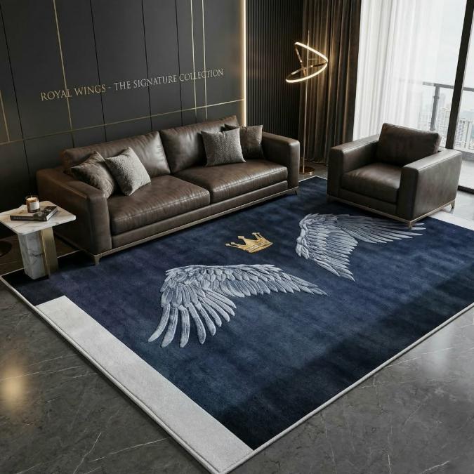 Модерен килим за хол 120х160см - Тъмносин с крила и корона и 3D ефект,