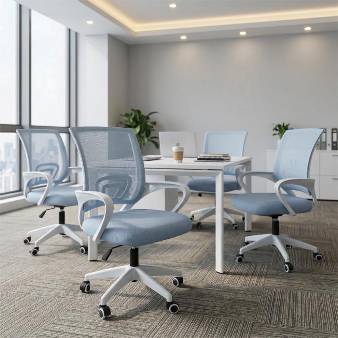 Ергономичен светлосин офис стол с дишаща мрежа и регулируема височина